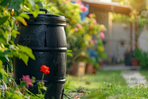 Rain barrel in a garden setting for conservation, watering, and sustainability with green eco-friendly attributes photo