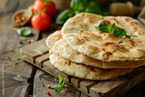 Pita bread on a wooden board with tomatoes basil and spices in a rustic culinary setting photo