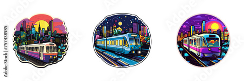 Night city train sticker. Cartoon vector