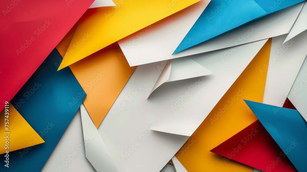 A minimalist design of sharp geometric paper cuts in bold colors on a clean white background. A minimalist design of sharp geometric paper cuts in bold colors on a clean white background.