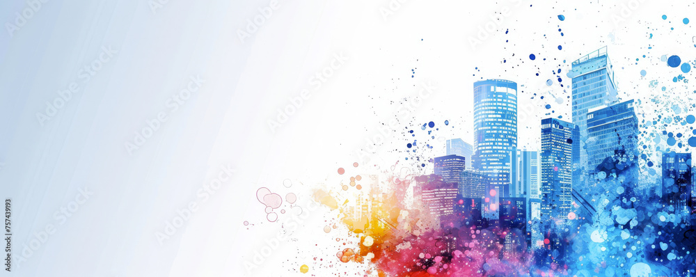 Artistic cityscape with vibrant watercolor splashes and ink droplets in blue and pink hues fading into white space. Concept of modern urban-themed designs, corporate banners with space for text
