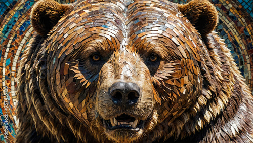 Fierce and majestic growling Russian bear looking at camera. His head is lined with mosaic in form of relief panel made of color leather scraps. Strength and intensity in wild beast's gaze. Close-up.