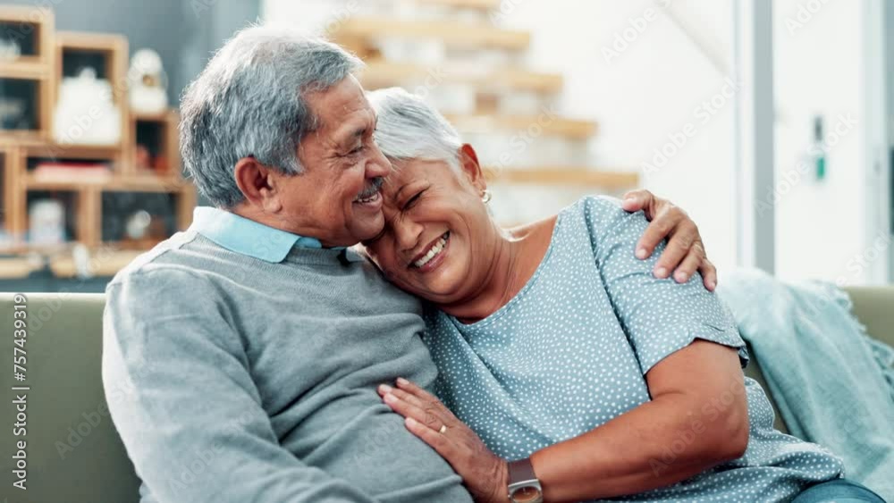 Senior couple, hug and laughing on sofa with conversation for funny memory with love, care and bonding. Old man, elderly woman and happy with embrace, connection and remember with comic chat in home Senior couple, hug and laughing on sofa with conversation for funny memory with love, care and bonding. Old man, elderly woman and happy with embrace, connection and remember with comic chat in home