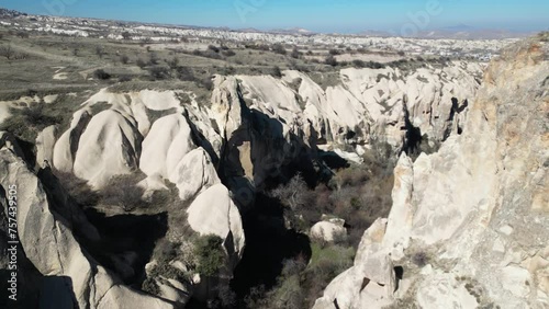 Aerial view of a valley filled with fairy chimneys in Cappadocia. photo