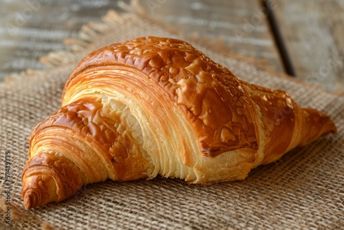 Golden croissant on rustic table, a flaky and buttery French pastry perfect for breakfast