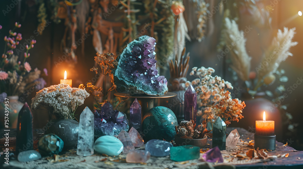 A mystical and sublime Crystal shop with precious stones, dried flowers, and candles in moody lighting. A variety of crystals are on the table including; Alexandrite, Peridot, Beryl, Moldavite. - obrazy, fototapety, plakaty 