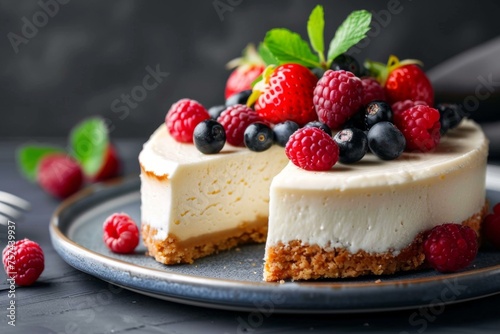 Cheesecake with berries on a plate offering a sweet and delicious dessert experience