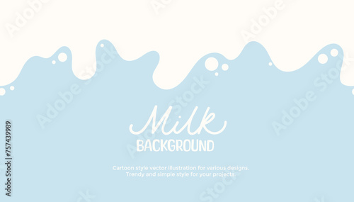 Milk wave pattern. Seamless fresh milk background in cartoon style. Minimalist style vector illustration with pouring milk on sky blue background. 