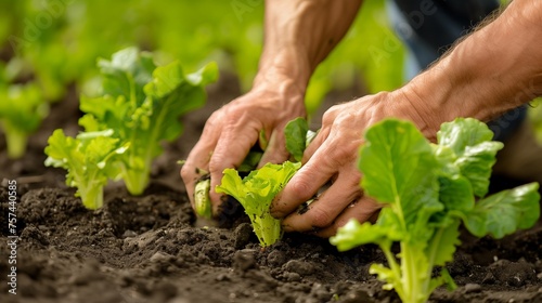 Diligent farmer sows tender vegetable seedlings into fertile soil, cultivating a vibrant garden that promises a bountiful harvest, sustaining communities with fresh nutritious produce.