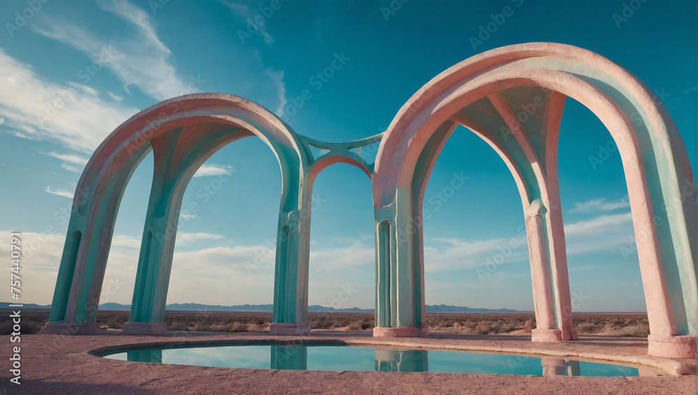 Vibrant Pastel Scene with Curved Arches, Expansive Podium, and Surreal Sky.