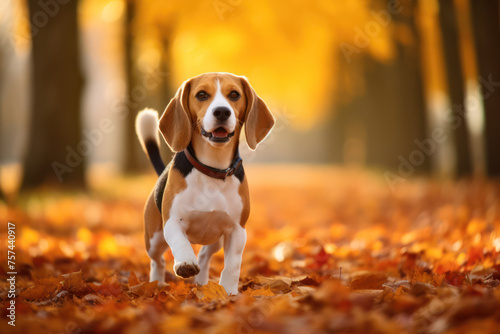 Joyful Beagle Puppy Playing in the Golden Autumn Park amidst Colorful Leaves © SHOTPRIME STUDIO