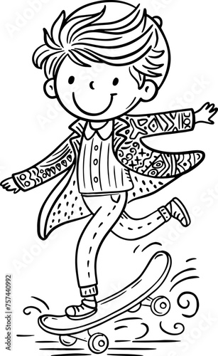 Cartoon happy teenage boy skateboarding at skate. Coloring book page. Isolated outline vector illustration