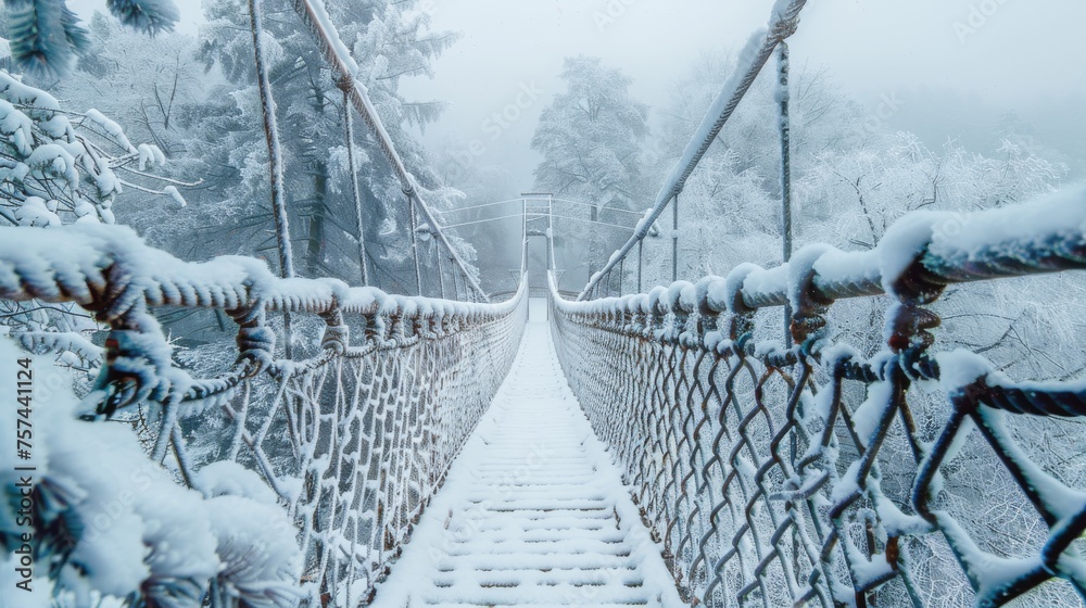 A snow-covered rope bridge in a winter landscape, symbolizing adventure and exploration in nature. - obrazy, fototapety, plakaty 