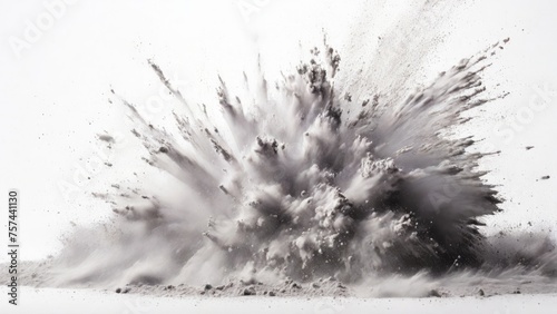 Gray powder exploding, Abstract dust explosion on a white background