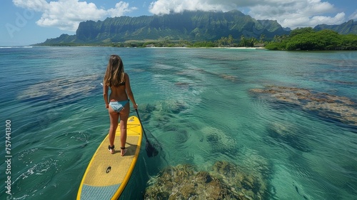 Cute woman with a surfboard enters the water