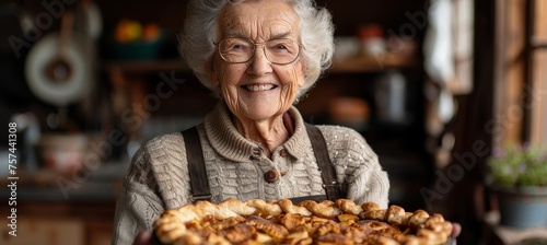 Portrait of an elderly grandmother in an apron with an apple pie in her hands