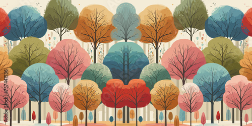 Seamless pattern with autumn trees background, fall nature landscape wallpaper, Vector illustration, generative ai