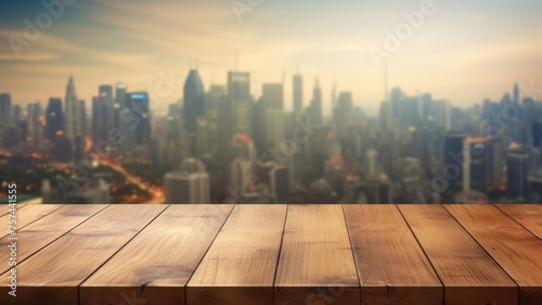 The empty wooden table top with blur background of city skyline. Exuberant image. generative ai