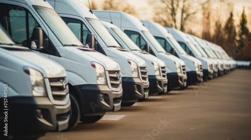 Cargo vans lined up and sold at a dealership or a delivery and service logistics company photo