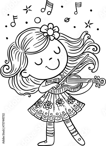 Cute cartoon girl plays music on the violin while standing on stage. Outline vector illustration. Coloring book page for kids