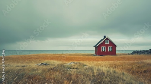 a red house in the middle of an open field by the sea, Scandinavian landscape