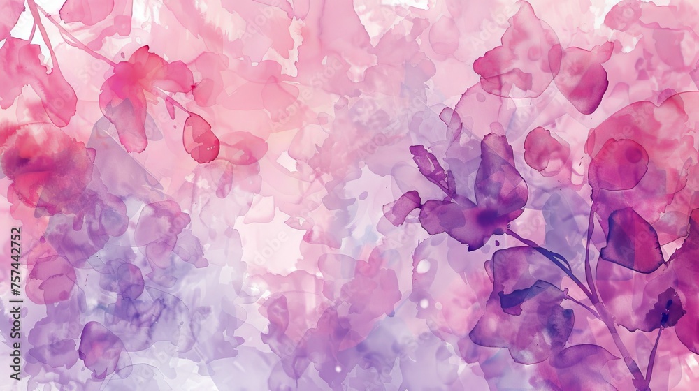 Abstract floral watercolor background with soft pink and purple hues.