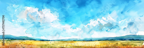 Summer landscape watercolor background with blue sky, white clouds, yellow field and mountains in the distance. Fresh and relaxing summer concept.