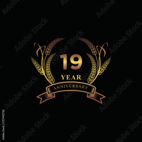 19th golden anniversary logo with ring and ribbon, laurel wreath vector