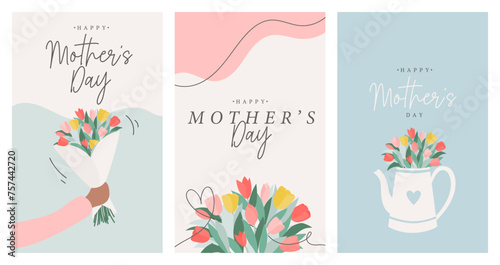 Happy Mother's Day vector social media template set. Greeting card with single line drawing, abstract shapes and tulips. Trendy floral background for stories, posts and streaming. Flat illustration