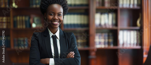 Confident female lawyer standing in law library, embodying professionalism and expertise.