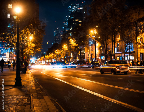 Background of night street with defocused light cars and street lamps. Abstract backdrop of bokeh blurred yellow lights at city life. Concept of cityscape backgrounds for design. Copy text space