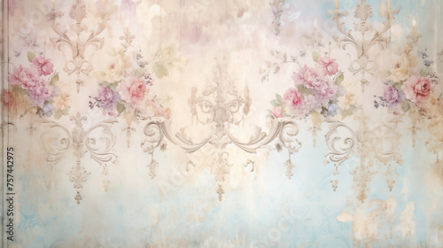 Faded vintage floral and baroque motifs on a distressed background canvas