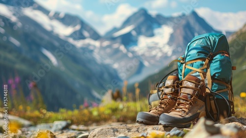 Adventure and exploration theme with hiking gear and mountainous terrain in the background.