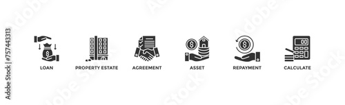 Mortgage banner web icon vector illustration concept with icon of loan, property estate, agreement, asset, repayment and calculate	