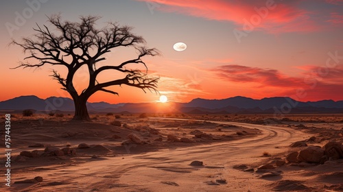 A lone tree stands in the desert under the colorful afterglow sky
