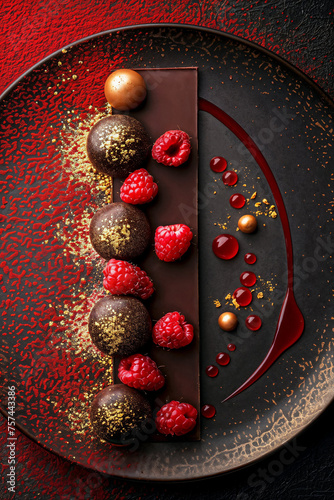 Dark chocolate delight with raspberries and gold dust. Generative AI