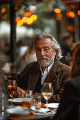 Distinguished gentleman dining in an upscale restaurant. Generative AI image