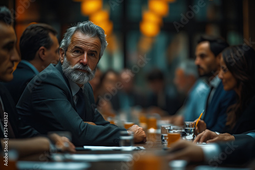 Senior businessman in a board meeting atmosphere. Generative AI image