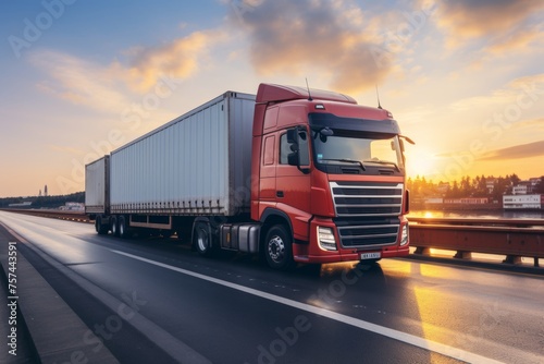 Container truck in ship port for cargo transportation, working crane bridge, import export logistics