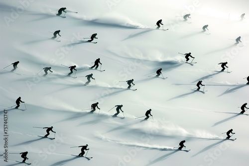 Flock of skiers on a snowy mountain slope, many people skiing down the ski run, silhouettes speeding in powder snow, raising clouds of fresh snow, nice winter sports vacations illustration photo