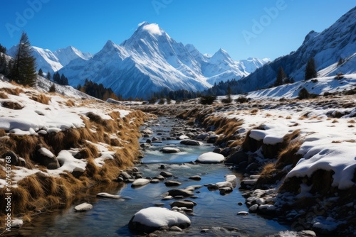 Snowy valley with a river, mountains, and beautiful natural landscape