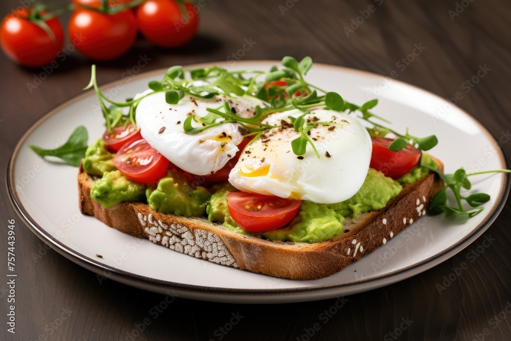 Avocado toast, cut into pieces, arranged on a ceramic plate. Decorated with poached eggs, tomatoes and coriander, emphasizing freshness. Avocado toast, cut into pieces, arranged on a ceramic plate. Decorated with poached eggs, tomatoes and coriander, emphasizing freshness.