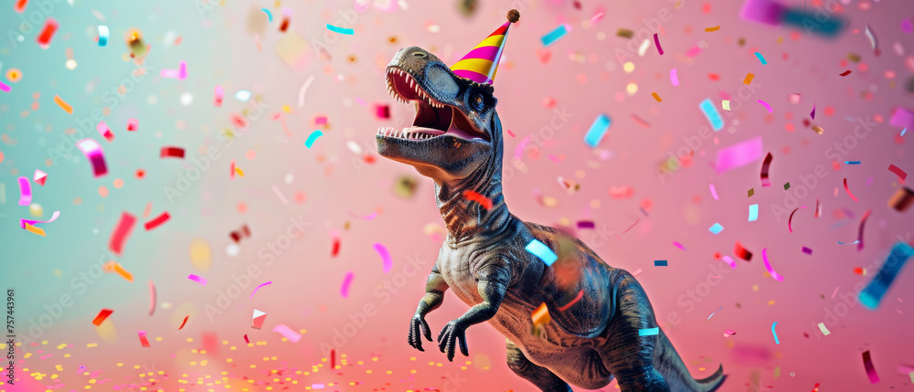 Obraz premium Party dinosaur in a birthday hat celebrates with colorful confetti.