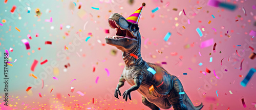 Party dinosaur in a birthday hat celebrates with colorful confetti.