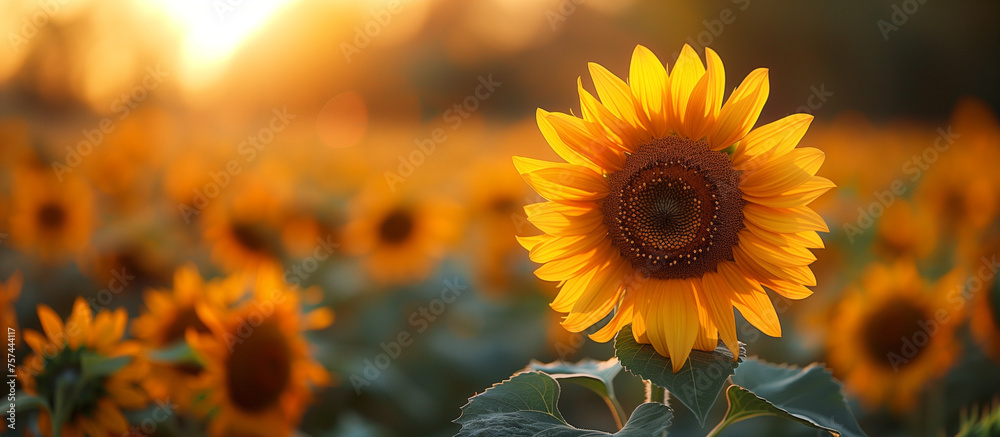 Obraz premium Field of sunflowers. Blossom sunflower flower close up. Yellow bright nature background.