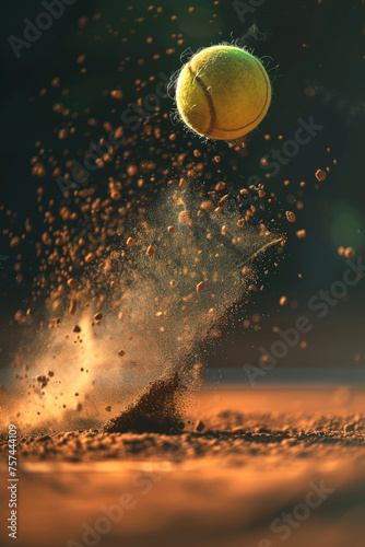 A tennis ball suspends in a burst of clay court dust at sunset, capturing the energy of impact. Generative AI photo