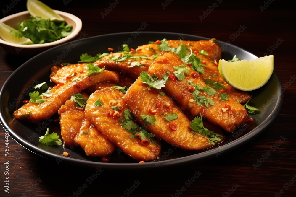 Bite-sized pieces of light fish Fry until golden and crispy. Topped with fragrant garlic and pepper sauce. Garnished with coriander leaves, it's delicious, spicy, and easy to eat Bite-sized pieces of light fish Fry until golden and crispy. Topped with fragrant garlic and pepper sauce. Garnished with coriander leaves, it's delicious, spicy, and easy to eat