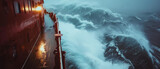 Shipside view of towering ocean waves during a tempest, with sidelit water drama.
