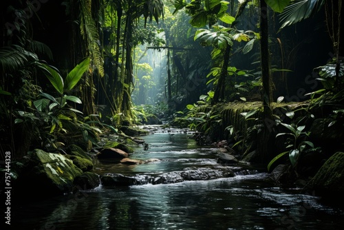 Water flows through a forest with lush plants and trees