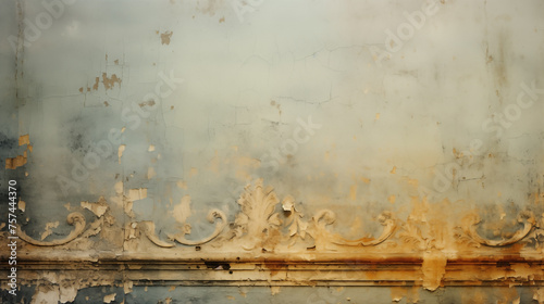 Ornamental plasterwork on vintage background with decaying blue and gold tones photo